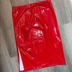 Red leather midi skirt